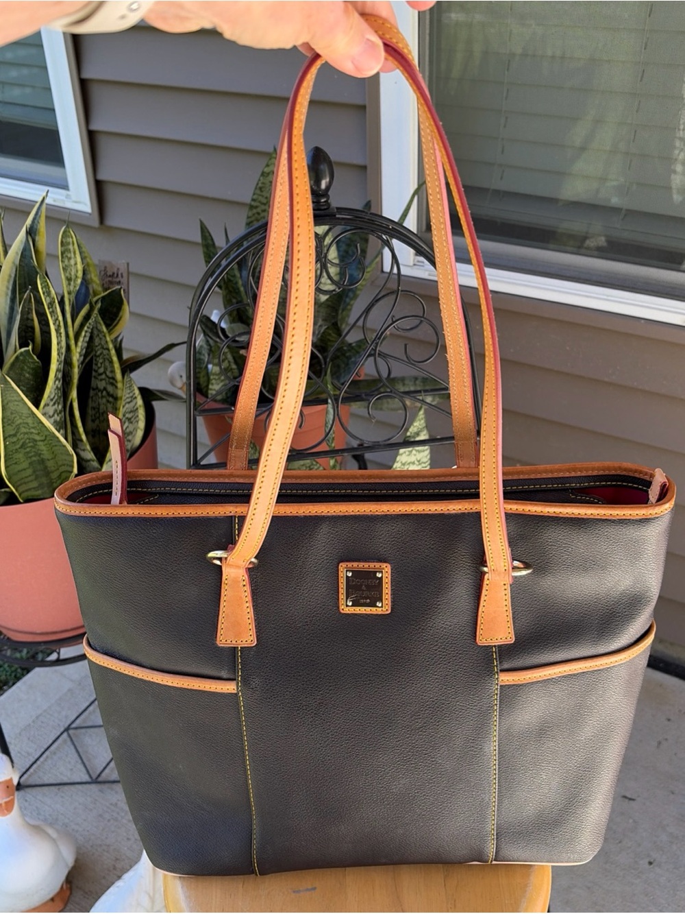 Dooney & Bourke Brown HelenaTote with Tan Trim and Straps Two Exterior Pockets